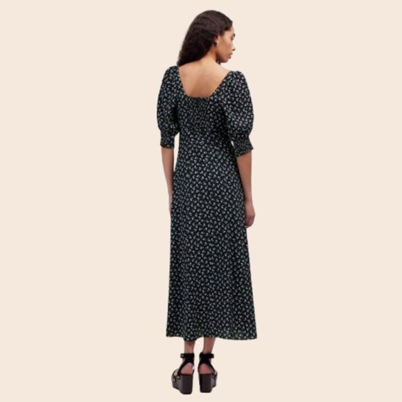 Madewell Navy Ruched Scoopneck Side Slit Midi Dress in Floral Size 12 - Picture 2 of 16